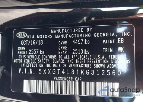 2019 Kia Optima Lx z USA, uszkodzony, nr VIN 5XXGT4L31KG312560